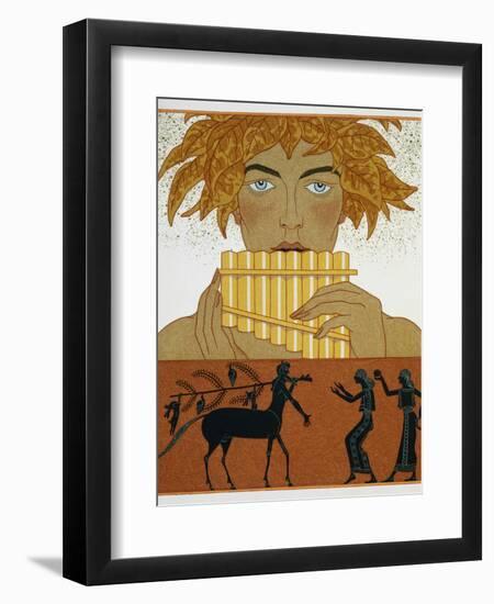 Book Illustration of a Woman Playing Panpipes and a Centaur Greeting Two Women by Georges Barbier-Stapleton Collection-Framed Giclee Print