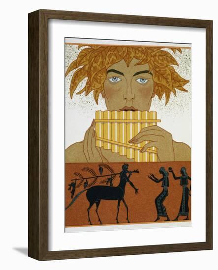 Book Illustration of a Woman Playing Panpipes and a Centaur Greeting Two Women by Georges Barbier-Stapleton Collection-Framed Giclee Print