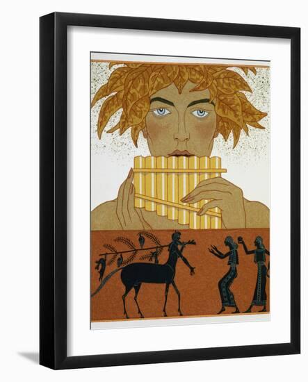 Book Illustration of a Woman Playing Panpipes and a Centaur Greeting Two Women by Georges Barbier-Stapleton Collection-Framed Giclee Print