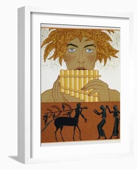 Book Illustration of a Woman Playing Panpipes and a Centaur Greeting Two Women by Georges Barbier-Stapleton Collection-Framed Giclee Print