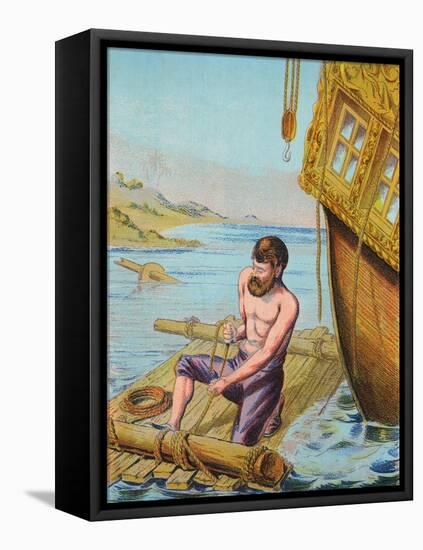 Book Illustration of Robinson Crusoe Tying Together a Raft-null-Framed Premier Image Canvas