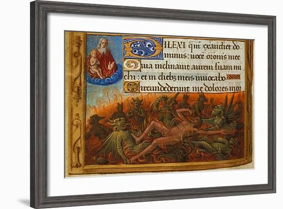 Book of Hours, Detail: Dives Tormented by Demons and Watched by the Soul of Lazarus, C. 1500-Jean Poyet-Framed Giclee Print