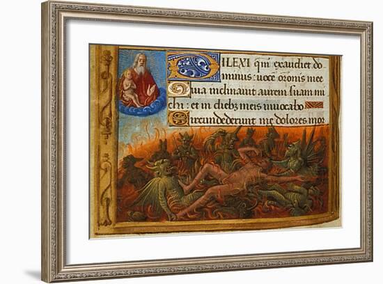 Book of Hours, Detail: Dives Tormented by Demons and Watched by the Soul of Lazarus, C. 1500-Jean Poyet-Framed Giclee Print