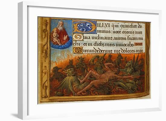 Book of Hours, Detail: Dives Tormented by Demons and Watched by the Soul of Lazarus, C. 1500-Jean Poyet-Framed Giclee Print