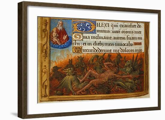 Book of Hours, Detail: Dives Tormented by Demons and Watched by the Soul of Lazarus, C. 1500-Jean Poyet-Framed Giclee Print