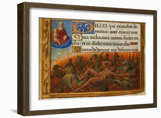 Book of Hours, Detail: Dives Tormented by Demons and Watched by the Soul of Lazarus, C. 1500-Jean Poyet-Framed Giclee Print