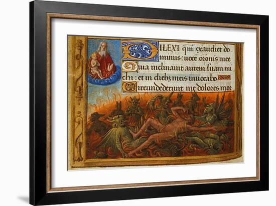 Book of Hours, Detail: Dives Tormented by Demons and Watched by the Soul of Lazarus, C. 1500-Jean Poyet-Framed Giclee Print