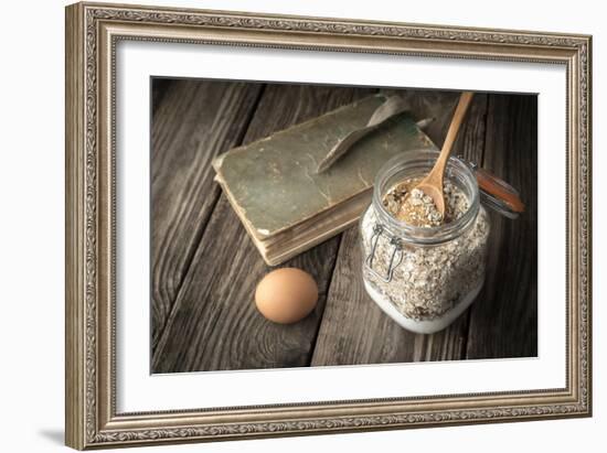 Book of Recipes and Ingredients for Cookies on a Wooden Table Horizontal-Denis Karpenkov-Framed Photographic Print