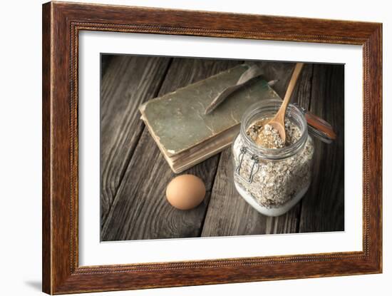 Book of Recipes and Ingredients for Cookies on a Wooden Table Horizontal-Denis Karpenkov-Framed Photographic Print