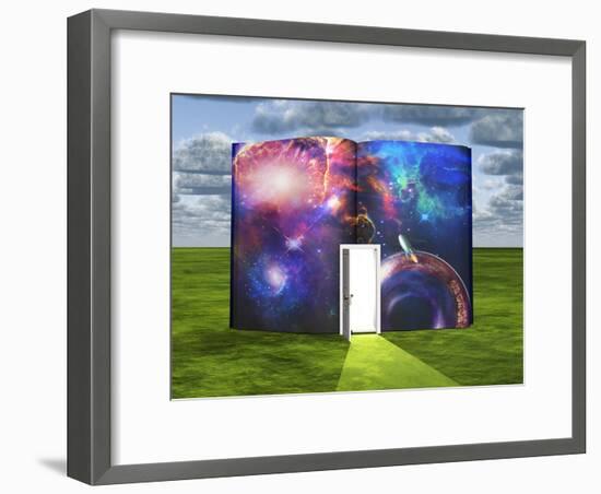 Book With Science Fiction Scene And Open Doorway Of Light-rolffimages-Framed Art Print