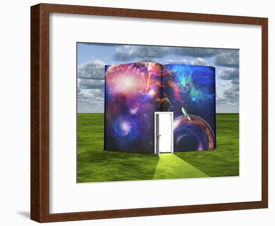 Book With Science Fiction Scene And Open Doorway Of Light-rolffimages-Framed Art Print