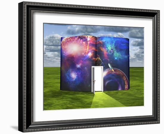 Book With Science Fiction Scene And Open Doorway Of Light-rolffimages-Framed Art Print