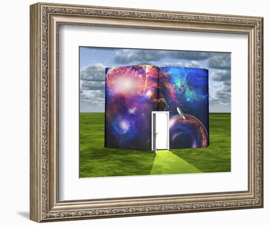 Book With Science Fiction Scene And Open Doorway Of Light-rolffimages-Framed Art Print