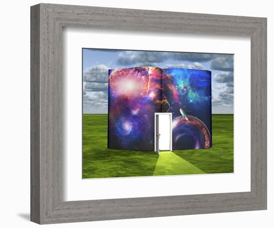 Book With Science Fiction Scene And Open Doorway Of Light-rolffimages-Framed Art Print