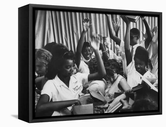 Books for a School Library Being Unpacked by New Jersey High School Kids on the Librarian's Holiday-null-Framed Premier Image Canvas