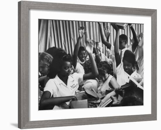 Books for a School Library Being Unpacked by New Jersey High School Kids on the Librarian's Holiday-null-Framed Photographic Print