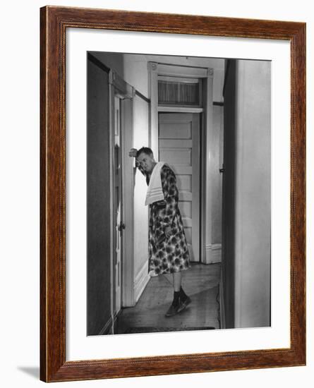 Border Waiting Outside Bathroom at Boarding House-William C^ Shrout-Framed Premium Photographic Print
