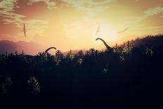 Prehistoric Jungle with Dinosaurs in the Sunset Sunrise 3D Artwork-boscorelli-Mounted Art Print