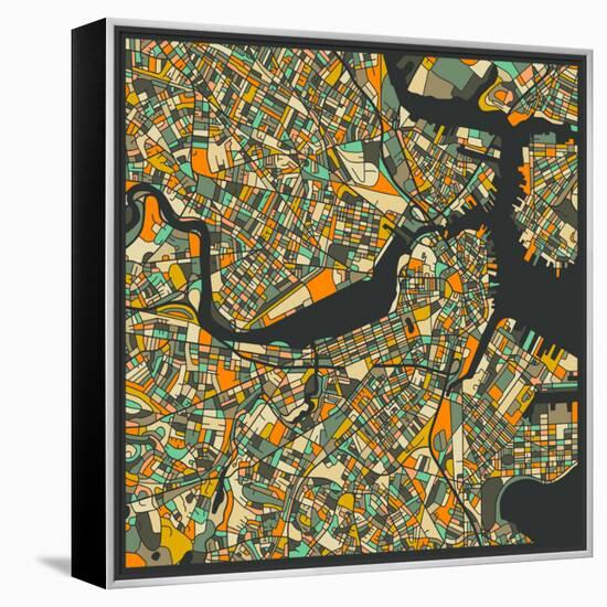 Boston Map-Jazzberry Blue-Framed Stretched Canvas