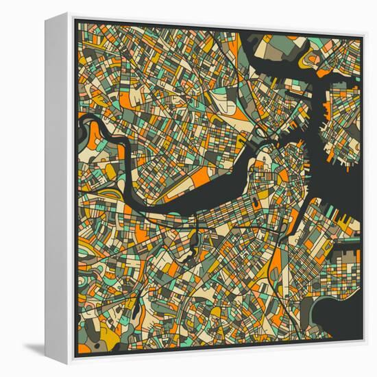 Boston Map-Jazzberry Blue-Framed Stretched Canvas