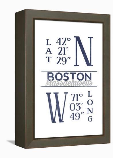 Boston, Massachusetts - Latitude and Longitude (Blue)-Lantern Press-Framed Stretched Canvas