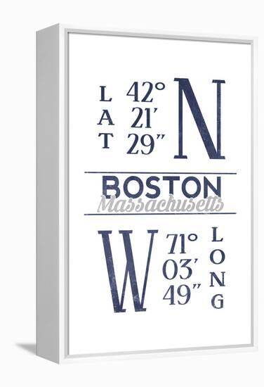 Boston, Massachusetts - Latitude and Longitude (Blue)-Lantern Press-Framed Stretched Canvas