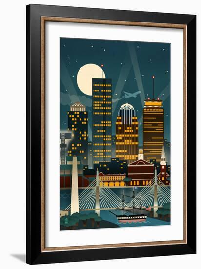 Boston, Massachusetts - Retro Skyline (no text)-Lantern Press-Framed Premium Giclee Print