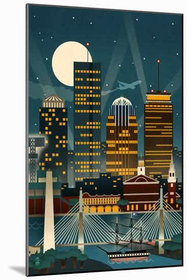 Boston, Massachusetts - Retro Skyline (no text)-Lantern Press-Mounted Premium Giclee Print