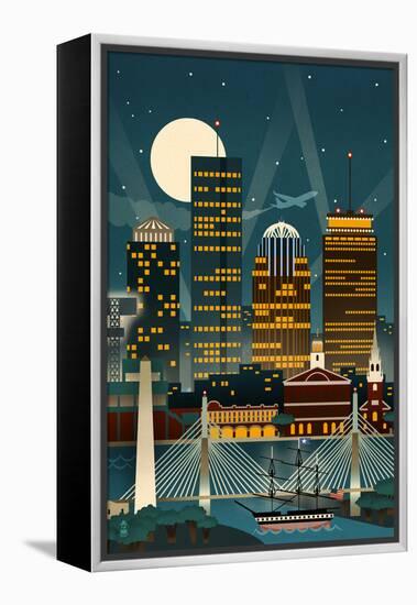 Boston, Massachusetts - Retro Skyline (no text)-Lantern Press-Framed Stretched Canvas