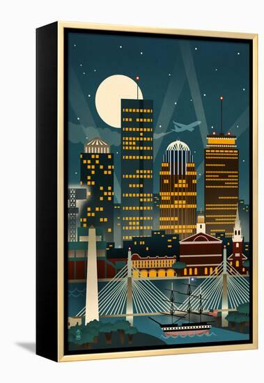 Boston, Massachusetts - Retro Skyline (no text)-Lantern Press-Framed Stretched Canvas