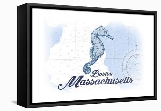 Boston, Massachusetts - Seahorse - Blue - Coastal Icon-Lantern Press-Framed Stretched Canvas