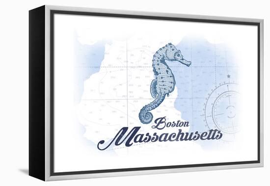 Boston, Massachusetts - Seahorse - Blue - Coastal Icon-Lantern Press-Framed Stretched Canvas