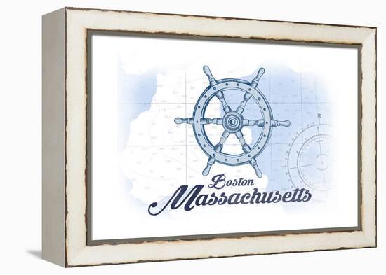 Boston, Massachusetts - Ship Wheel - Blue - Coastal Icon-Lantern Press-Framed Stretched Canvas