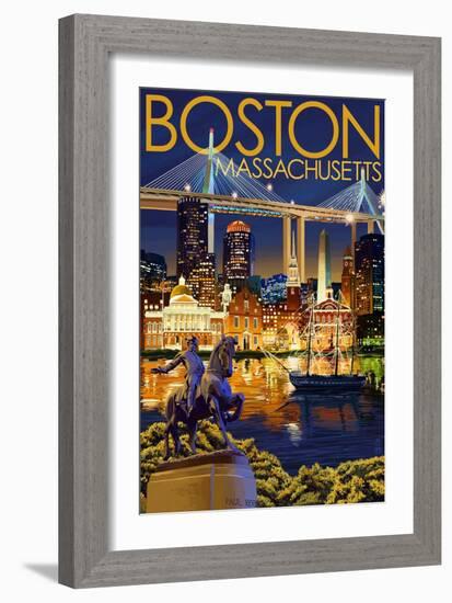 Boston, Massachusetts - Skyline at Night-Lantern Press-Framed Art Print