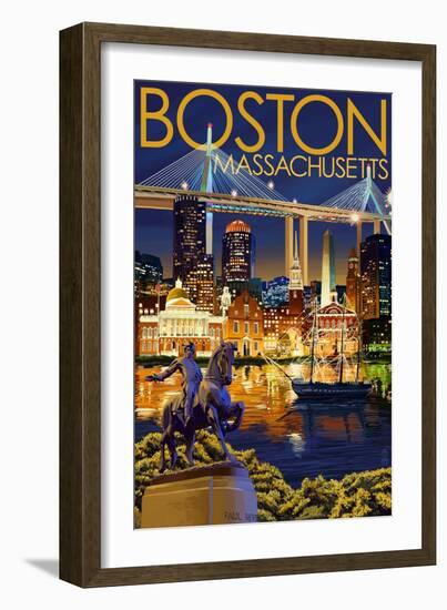 Boston, Massachusetts - Skyline at Night-Lantern Press-Framed Art Print