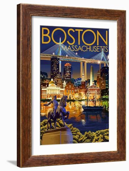 Boston, Massachusetts - Skyline at Night-Lantern Press-Framed Art Print