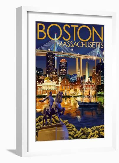 Boston, Massachusetts - Skyline at Night-Lantern Press-Framed Art Print