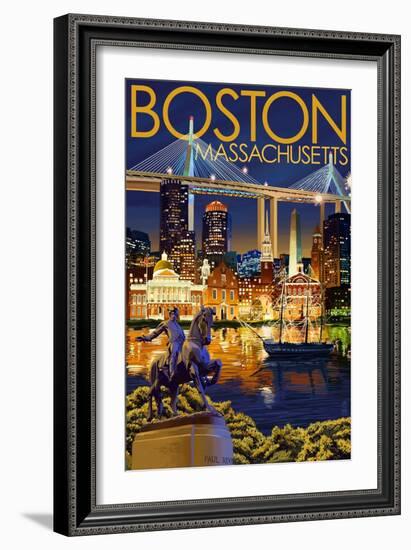 Boston, Massachusetts - Skyline at Night-Lantern Press-Framed Art Print