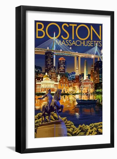 Boston, Massachusetts - Skyline at Night-Lantern Press-Framed Premium Giclee Print