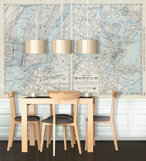 Boston New York Vintage Map Self Adhesive Wallpaper Home
