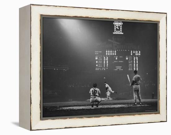 Boston Red Sox Player Ted Williams, While Watching Pitcher Warm-up. Catcher Sherm Lollar-Frank Scherschel-Framed Premier Image Canvas