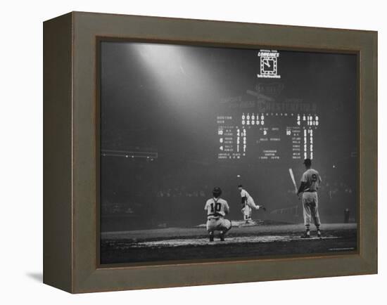 Boston Red Sox Player Ted Williams, While Watching Pitcher Warm-up. Catcher Sherm Lollar-Frank Scherschel-Framed Premier Image Canvas