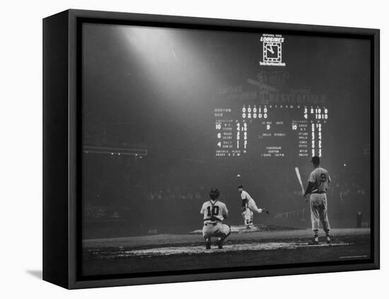 Boston Red Sox Player Ted Williams, While Watching Pitcher Warm-up. Catcher Sherm Lollar-Frank Scherschel-Framed Premier Image Canvas