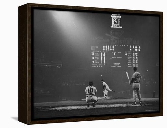 Boston Red Sox Player Ted Williams, While Watching Pitcher Warm-up. Catcher Sherm Lollar-Frank Scherschel-Framed Premier Image Canvas