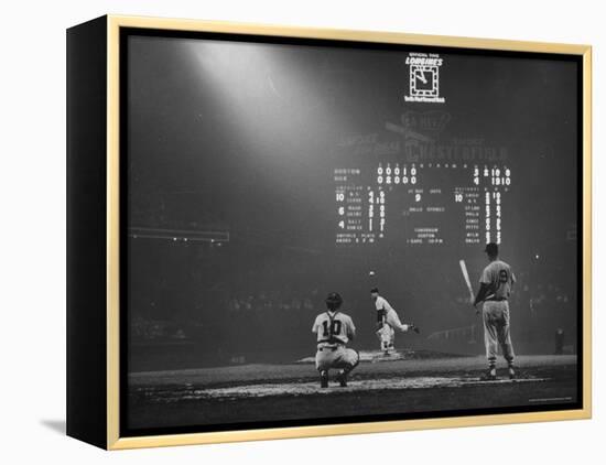 Boston Red Sox Player Ted Williams, While Watching Pitcher Warm-up. Catcher Sherm Lollar-Frank Scherschel-Framed Premier Image Canvas