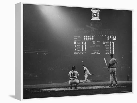 Boston Red Sox Player Ted Williams, While Watching Pitcher Warm-up. Catcher Sherm Lollar-Frank Scherschel-Framed Premier Image Canvas