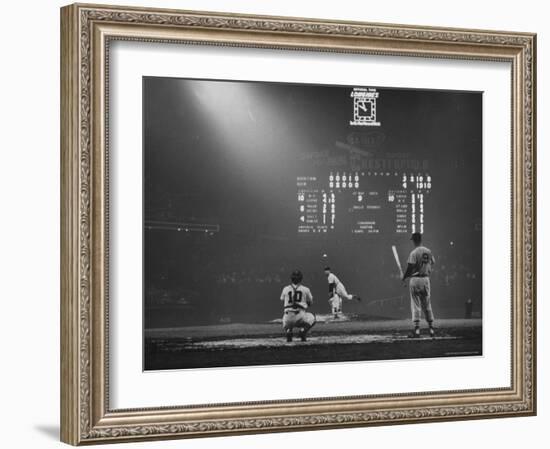 Boston Red Sox Player Ted Williams, While Watching Pitcher Warm-up. Catcher Sherm Lollar-Frank Scherschel-Framed Premium Photographic Print