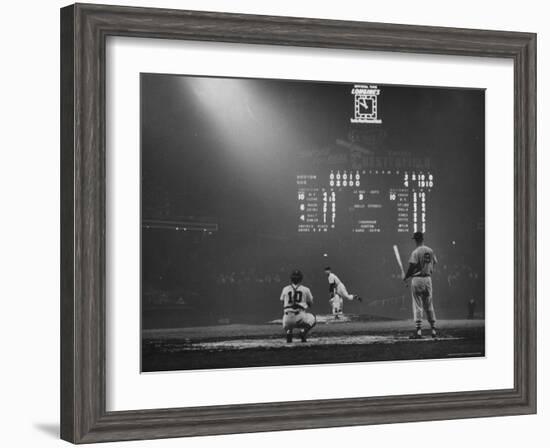 Boston Red Sox Player Ted Williams, While Watching Pitcher Warm-up. Catcher Sherm Lollar-Frank Scherschel-Framed Premium Photographic Print