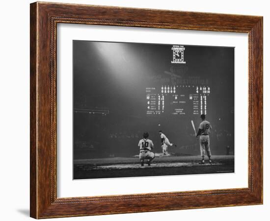 Boston Red Sox Player Ted Williams, While Watching Pitcher Warm-up. Catcher Sherm Lollar-Frank Scherschel-Framed Premium Photographic Print