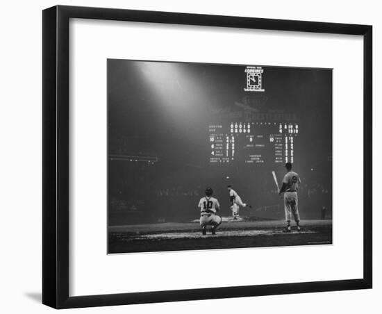 Boston Red Sox Player Ted Williams, While Watching Pitcher Warm-up. Catcher Sherm Lollar-Frank Scherschel-Framed Premium Photographic Print